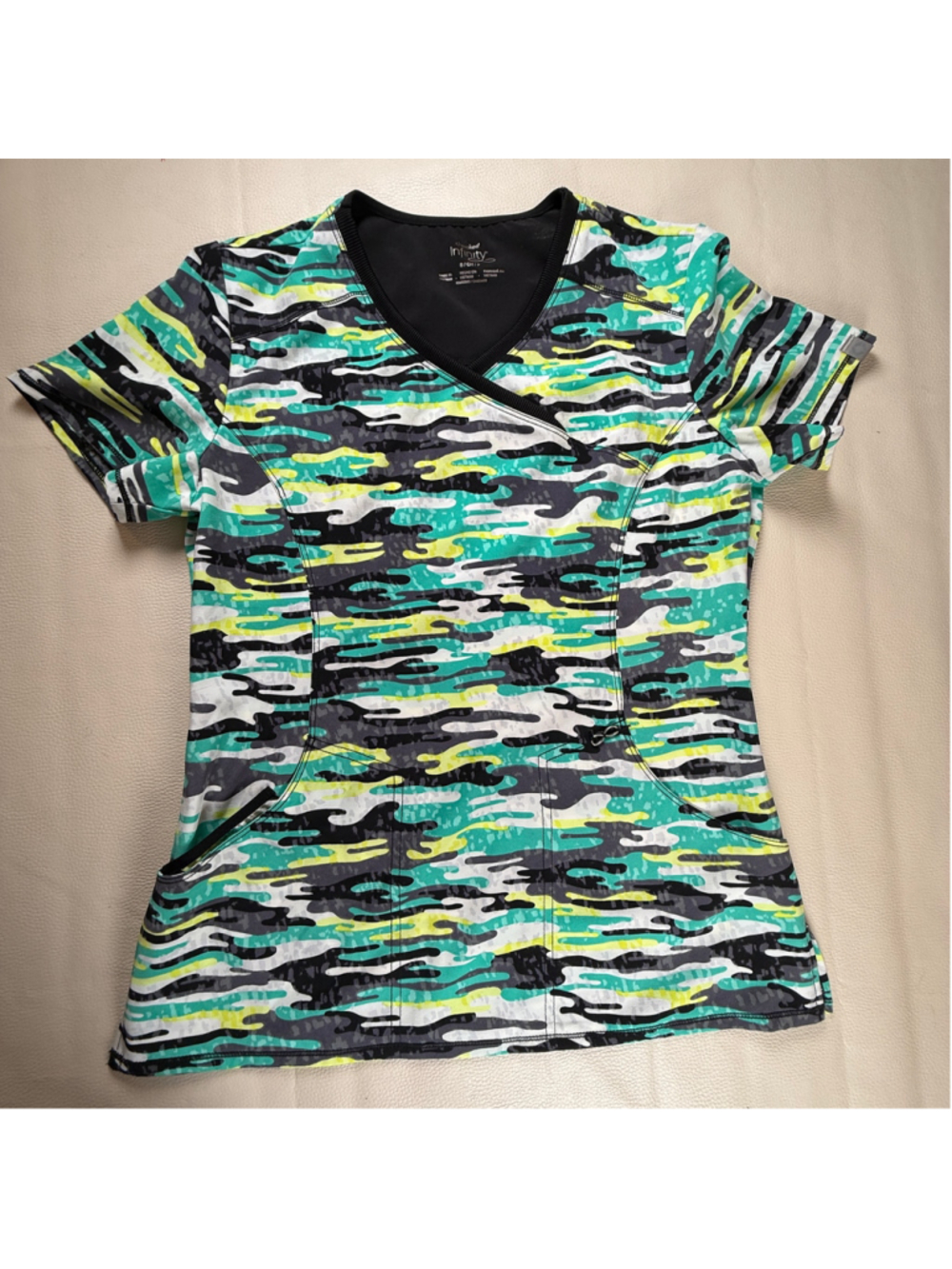 Cherokee Infinity Scrub Top Small Camo Abstract Print Teal Gray Yellow V Neck